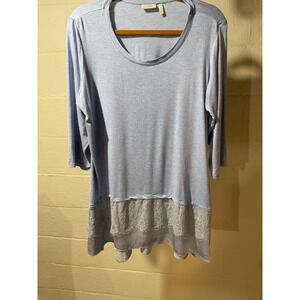 LOGO Lori Goldstein Soft Blue Layer Lace Trim 3/4 Sleeve Scoop Neck Tunic Top 1X